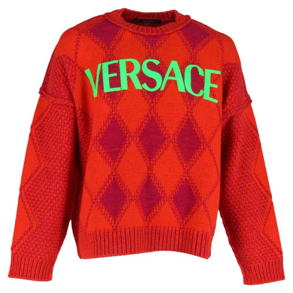 Versace Logo Argyle Sweater in Red Wool